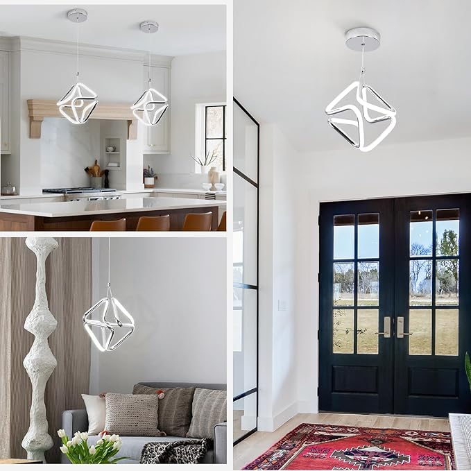 Modern Pendant Light Fixtures,6000K Cool White Chrome Led Pendant Lights for Kitchen Island,Adjustable Kitchen Island Hanging Light Fixture for Dining Room Bedroom Sink, 1 Pack