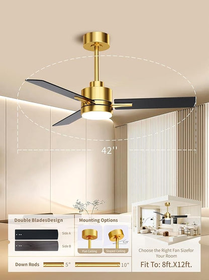 LANMEL 42'' Black and Gold Ceiling Fans with Lights and Remote, 6 Speed Low Profile Modern Ceiling Fan with Quiet DC Motor for Indoor Outdoor Bedroom Living Room