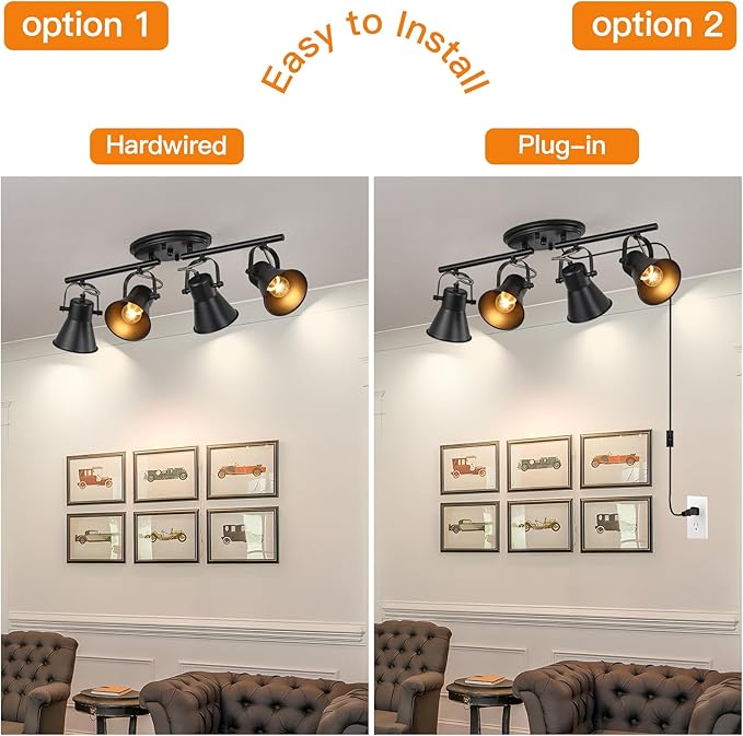 Modern Plug-in Ceiling Lighting,4 Light Track Lighting Fixtures, Industrial Black Kitchen Track Lighting Fixtures Ceiling for Kitchen, Living Room, Dining Room, Hallway.