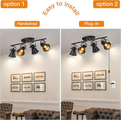 Modern Plug-in Ceiling Lighting,4 Light Track Lighting Fixtures, Industrial Black Kitchen Track Lighting Fixtures Ceiling for Kitchen, Living Room, Dining Room, Hallway.