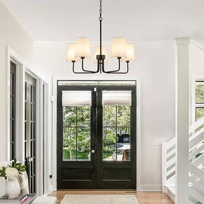 AMZASA Farmhouse Chandelier, Matte Black with White Fabric Shade, Farmhouse Linear Island Lighting Fixture for Kitchen, Dining Room (5-Light Matte Black with Fabric Shades)
