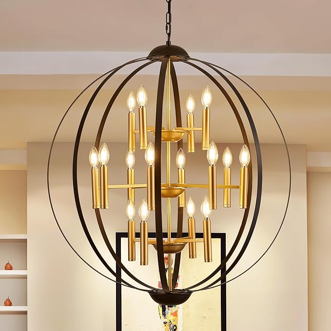 31.5''Black Gold 16-Light Globe Chandelier, Modern Industrial Adjustable Hanging Ceiling Pendant Light Fixture for Entryway Foyer Stairway Hallway Bedroom Living Room Kitchen Island