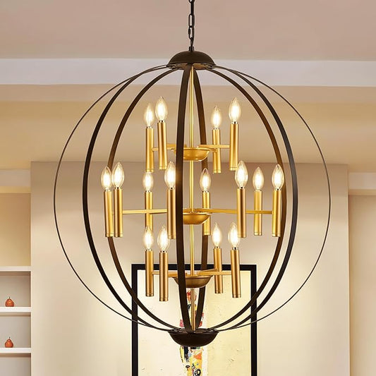 31.5''Black Gold 16-Light Globe Chandelier, Modern Industrial Adjustable Hanging Ceiling Pendant Light Fixture for Entryway Foyer Stairway Hallway Bedroom Living Room Kitchen Island