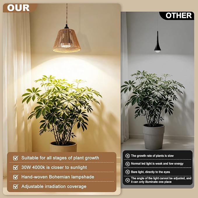 Hanging Grow Light for Indoor Plants, 30W 4000K Full Spectrum LED Pendant with Timer, Hand-Woven Shade, 15FT Cord, Kit for Seedlings, Succulents, Bright Living Rooms