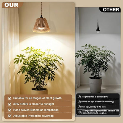 Hanging Grow Light for Indoor Plants, 30W 4000K Full Spectrum LED Pendant with Timer, Hand-Woven Shade, 15FT Cord, Kit for Seedlings, Succulents, Bright Living Rooms