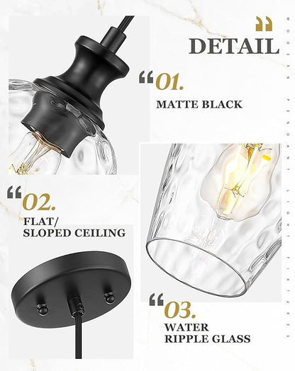 2-Pack Pendant Lights Kitchen Island, Black Hanging Lights Fixtures with Hand-Blown Hammered Clear Glass, Farmhouse Kitchen Island Lighting Over Sink, AD-24027-1P2-BK