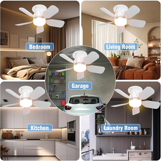 20" Socket Fan Light with Remote, 30W 2000 Lumens, 3 Colors 3000-6000K Small Ceiling Fans with Lights and Remote 6 Speed Wind Light Bulb Fan for Bedroom, Kitchen, Laundry Room, Garage