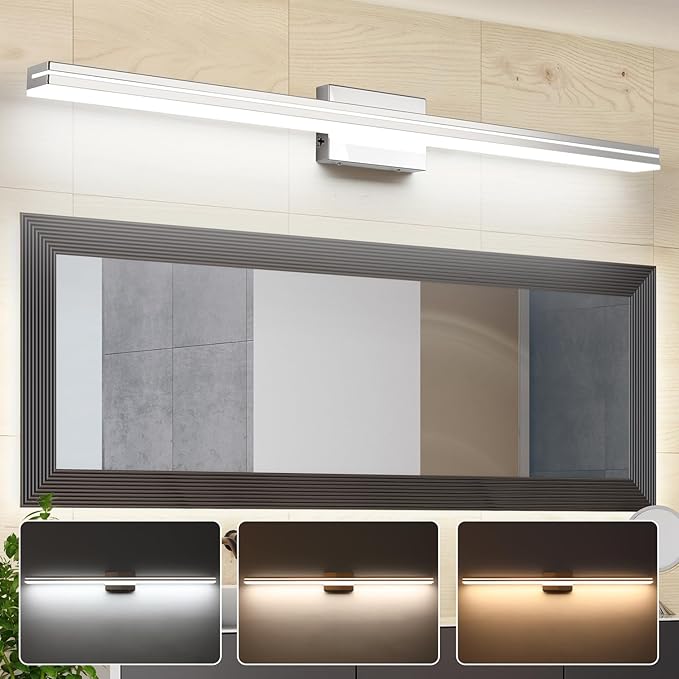 SineRise LED Modern Bathroom Vanity Light Bar (48-Inch, 3000K/4000K/6000K), Chrome Dimmable Modern Acrylic Bathroom Wall Lighting Fixtures Over Mirror