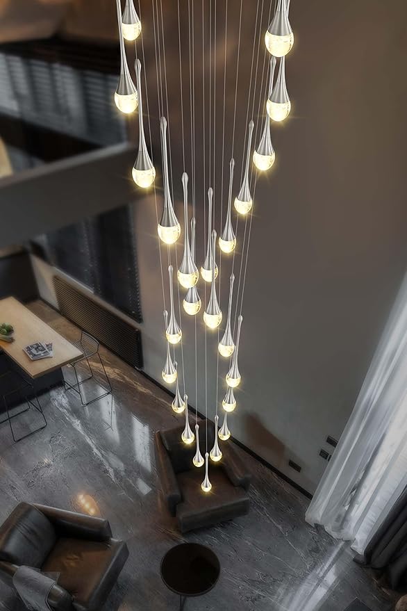ykolupty Modern Crystal Chandelier 25-Lights Raindrop Chandeliers LED Dimmable High Ceiling Pendant Light Silver Large Chadnelier for Foyer Entrance Living Room