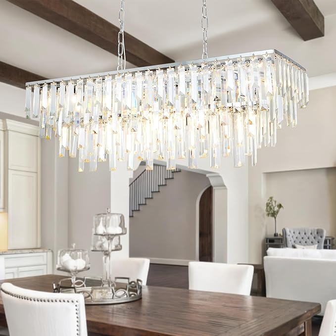 Modern Chrome Rectangle Chandelier, 10 Lights Linear Luxury Crystal Chandelier Top K9 Crystal Rectangular Ceiling Pendant Light Fixture for Dining Room Kitchen Table Living Room