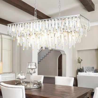 Modern Chrome Rectangle Chandelier, 10 Lights Linear Luxury Crystal Chandelier Top K9 Crystal Rectangular Ceiling Pendant Light Fixture for Dining Room Kitchen Table Living Room