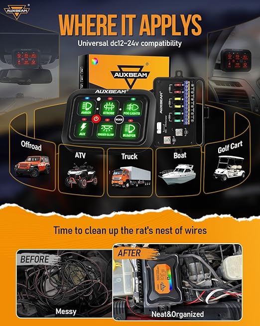 Auxbeam RGB 6 Gang Switch Panel RA60 Auto-Dimmable Switch Panel w/Momentary Toggle Pulsed Memory Function, 12-24V Switch Panel for Truck UTV Car Boat Waterproof, 3-Year Warranty