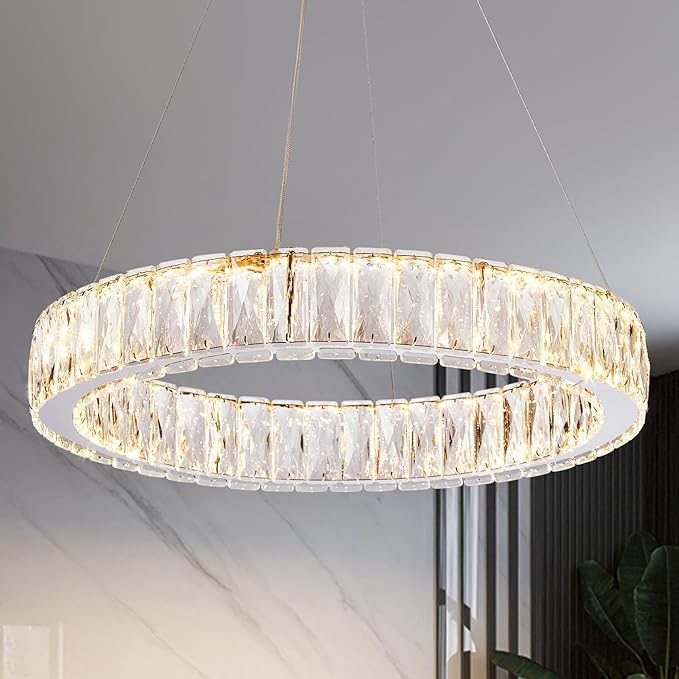 Depuley Modern LED Crystal Chandelier: 19.7" Ring Dimmable Pendant Light Adjustable for Dining Room - 30W Round Crystal Chandeliers for Bedroom Kitchen Over Table Living Room Porch Foyer