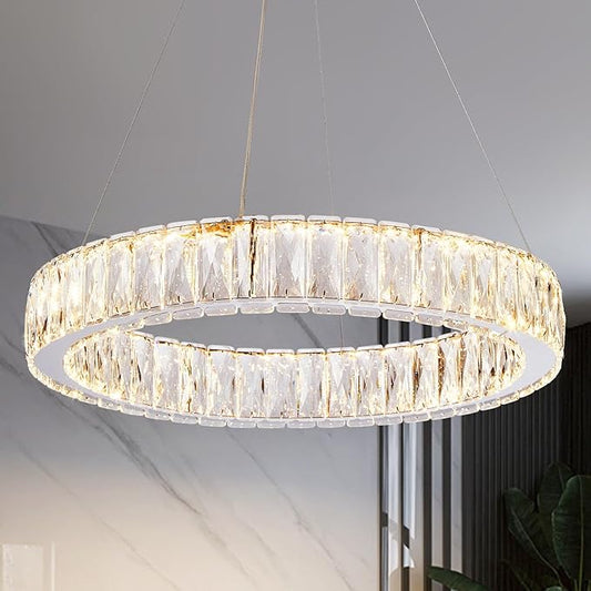 Depuley Modern LED Crystal Chandelier: 19.7" Ring Dimmable Pendant Light Adjustable for Dining Room - 30W Round Crystal Chandeliers for Bedroom Kitchen Over Table Living Room Porch Foyer