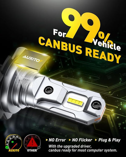 AUXITO H7 Bulbs, 600% Brighter 6500K White, 1:1 Mini Size No Adapter Needed, 3 Min Quick Install, No Flicker, 99% Compatibility, Pack of 2