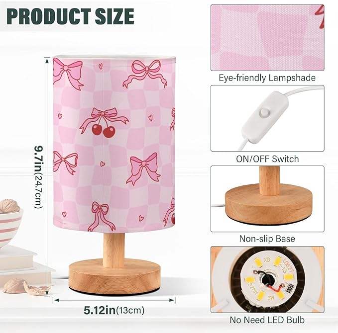 Bedside Table Lamp Pink Bow Cherry Checkered Nightstand Lamp with Wood Desk Lamps for Bedroom Living Room Nursery Office Home Decor
