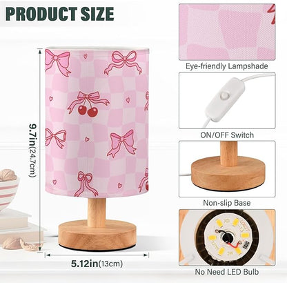Bedside Table Lamp Pink Bow Cherry Checkered Nightstand Lamp with Wood Desk Lamps for Bedroom Living Room Nursery Office Home Decor