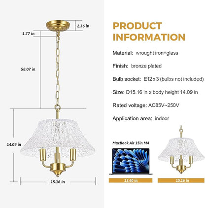 15.08 Inch Modern Large Brass Gold Clear Glass Pendant Light Fixture Bronze Hanging Lamp for Kitchen Island Ceiling Dining Table Foyer Hallway Entry E12 Base UL Socket Hardwired Lampara