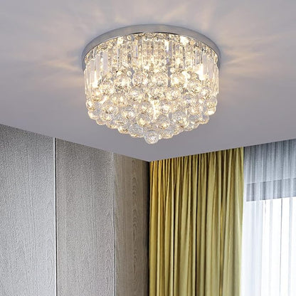 Modern K9 Crystal Raindrop Chandelier Lighting, Flush Mount G9 Base Ceiling Light Fixture Pendant Lamp for Dining Room Bedroom Livingroom Required Height 11''x Width 16''(Chrome)