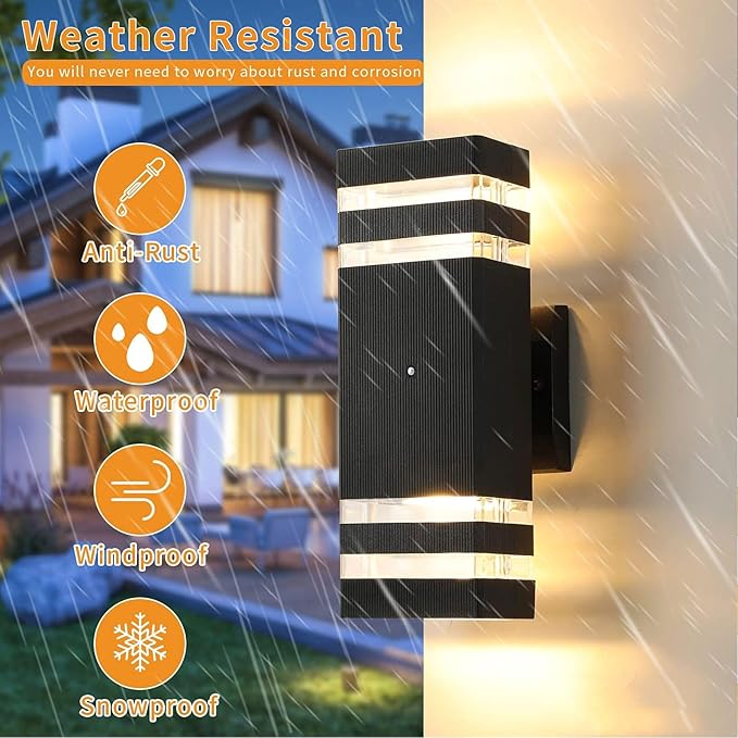 tewei 6 Pack Dusk to Dawn Outdoor Lighting, Modern Black Exterior Light Fixtures 2-Layer Up and Down Outside Wall Lights IP65 Waterproof Outdoor Sconces Lighting for Porch Garage, 3000K