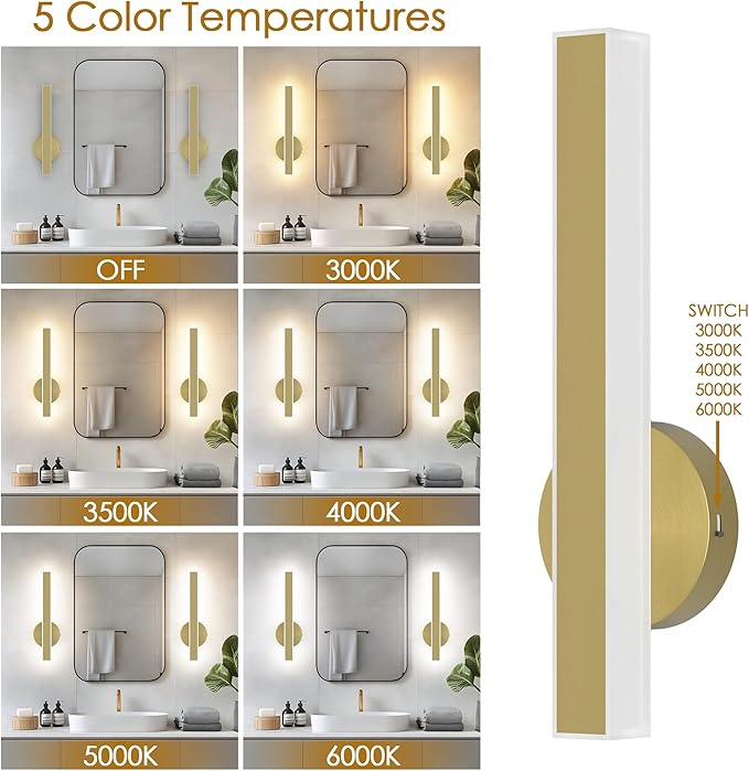 Aipsun Gold Wall Sconce Hardwired Modern LED 18W Wall Sconce Set of Two, 15.7Inches Wall Lights for Living Room Bedroom Hallway, 5CCT