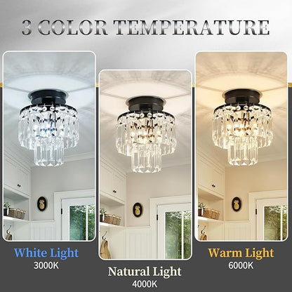 Mini Crystal Chandelier,Black Crystal Chandeliers,2-Tier Semi Flush Mount Chandelier Pendant Lighting Fixture for Living Room Dining Room Corridors Bedroom Hallway E26 Base