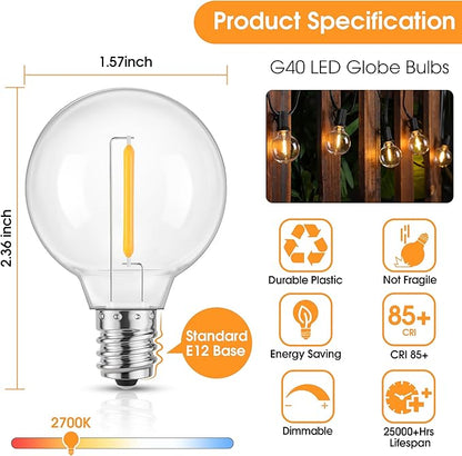 Mlambert G40 LED Replacement Light Bulbs for String Lights, Dimmable E12 Base Shatterproof Bulbs, 1W Equal to 5W, Warm White 2700K, 75Pack, Not Solar