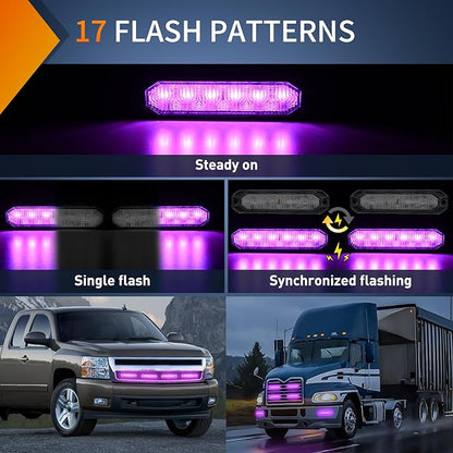 Nilight 6LED Emergency Strobe Lights 4PCS Ultra Slim Surface Mount Hazard Caution Light bar 12-24V Sync Feature Warning Flashing kit for Truck Car Vehicle ATV SUV UTV Purple