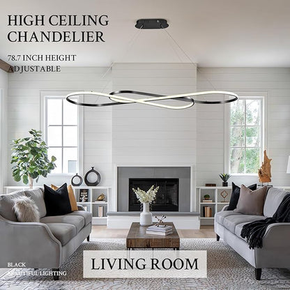 Modern LED Chandelier Black Dimmable LED Pendant Light for Dining Room Light Fixture Over Table Modern Kitchen Island Lighting High Ceiling with Remote for Living Room(56 Inch, 3000K-6500K)