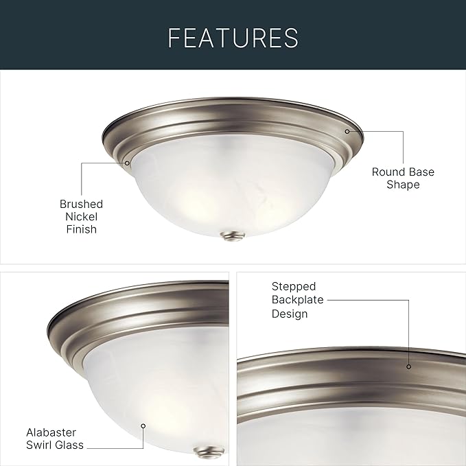 Kichler 15.25" Flush Mount Ceiling Light Fixture, 3-Light Brushed Nickel with Clear Satin Etched Glass for Kitchen, Bedroom, Dining Room, Hallway (15.25" x 6"), 8110NI