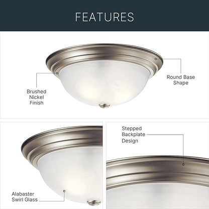 Kichler 15.25" Flush Mount Ceiling Light Fixture, 3-Light Brushed Nickel with Clear Satin Etched Glass for Kitchen, Bedroom, Dining Room, Hallway (15.25" x 6"), 8110NI