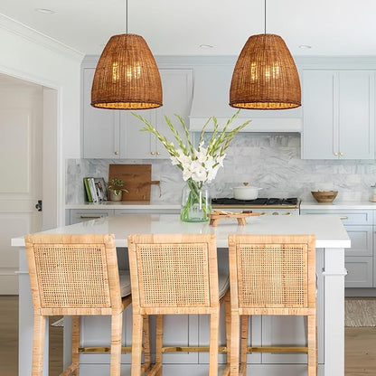 Farmhouse Rattan Chandelier 16.6" 3-Lights Boho Hand Woven Pendant Lights Wicker Dining Room Light Coastal Hanging Lighting Fixtures for Living Room Bedroom Kitchen Sink Restaurant Entryway Foyer
