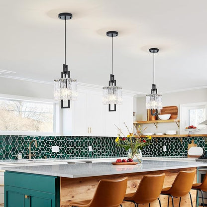 Modern Black Pendant Light Fixtures for Kitchen Island and Dining Room, Industrial Mini Small Hanging Crystal Chandelier Lights Fixture for Entryway Hallway Foyer Living Room Bedroom 1-Pack