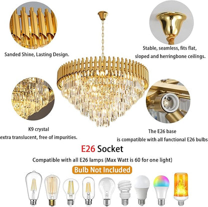 32 inch Gold Crystal Chandelier 6-Tier Modern Luxury Pendant Light Fixture for High Ceiling 13-Light Large K9 Crystal Lighting for Foyer Living Room Dining Room