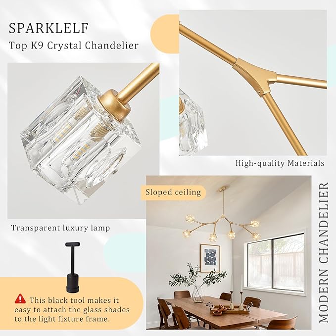 6 Lights Gold Crystal Chandelier for Dining Room L43’’ Modern Luxury Sputnik Chandelier Over Table Adjustable Flush Mount Pendant Light Fixture for Living Room Kitchen Island Bedroom