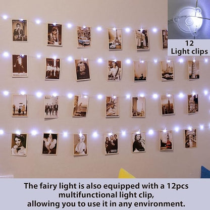 HXWEIYE 120LEDs White Photo Clips String Light, 40Ft Fairy Light with 52 Clear Clips & 12 Hooks on Wall, Timer & 8 Modes USB Powered Copper Wire String Light for hanging picture, Bedroom Wedding Party