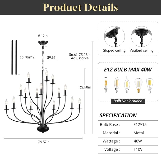 15-Light Black Farmhouse Chandelier, 39" Modern Farmhouse Dining Room Light Fixture for Hight Ceiling, Metal Vintage Entryway Chandelier for Foyer Hallway Entryway Living Room Kitchen E12