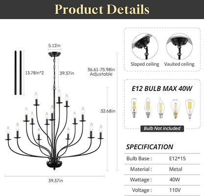 15-Light Black Farmhouse Chandelier, 39" Modern Farmhouse Dining Room Light Fixture for Hight Ceiling, Metal Vintage Entryway Chandelier for Foyer Hallway Entryway Living Room Kitchen E12