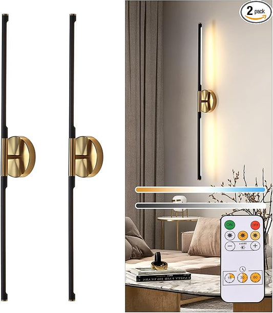 31.5 Inch Battery Operated Wall Sconces of Two, Modern Wireless Rechargeable Wall Lights with Remote Control, 3000K-6000K Dimmable, 350° Rotatable for Living Room, Bedroom, Hallway Decor