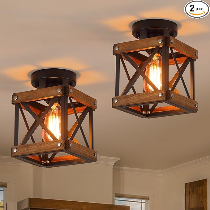 2 Pack Rustic Farmhouse Wood Flush Mount Ceiling Light Fixture Oak Wood and Metal Square Cage Small Semi Flush Mount Ceiling Light for Kitchen Hallway Entry Country Farmhouse, Black