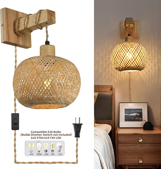 Boho Hanging Wall Light Plug in,Vintage Farmhouse Wall Sconces Set of Two with Rattan Shade for Bedroom Living Room-White
