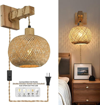 Boho Hanging Wall Light Plug in,Vintage Farmhouse Wall Sconces Set of Two with Rattan Shade for Bedroom Living Room-White