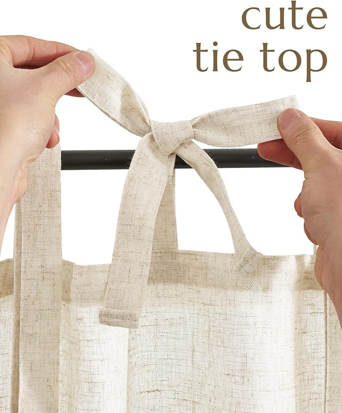 jinchan Tie Top Linen Kitchen Curtains Over Sink 24 Inch Length Tier Curtains Farmhouse Rustic Small Cafe Curtain for Bedroom Living Room Bathroom Half Window Light Filtering Privacy 2 Panels Crude