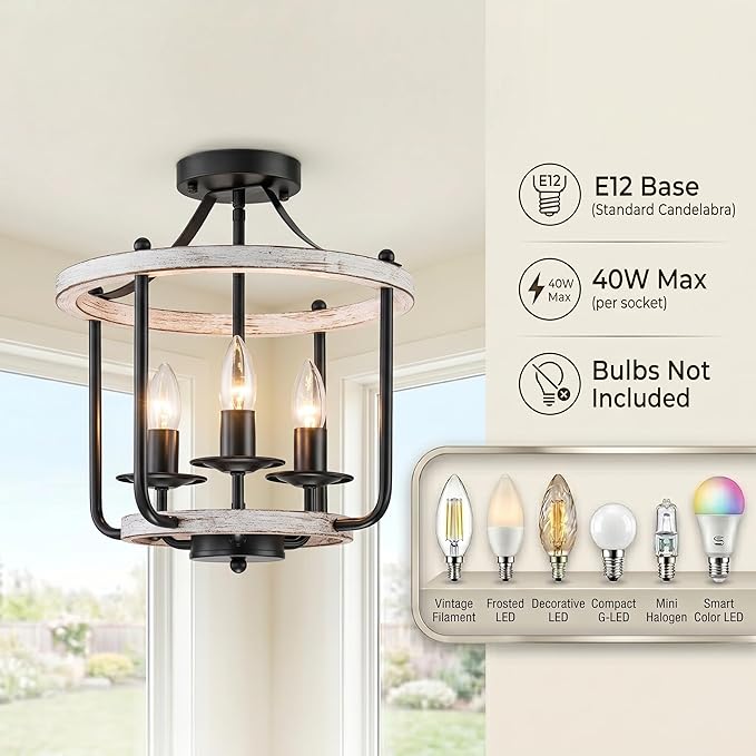 Farmhouse Semi Flush Mount Ceiling Light Fixtures, Industrial Rustic Ceiling Lamp Metal Cage Hallway Light Fixtures(3-Light Whitewashed Wood Finish)