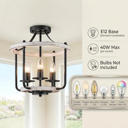 Farmhouse Semi Flush Mount Ceiling Light Fixtures, Industrial Rustic Ceiling Lamp Metal Cage Hallway Light Fixtures(3-Light Whitewashed Wood Finish)