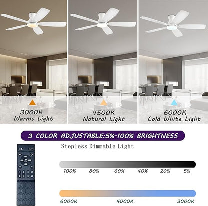 NKPU Ceiling Fans with Lights, Low Profile Ceiling Fan with Light and Remote/APP Control, DC Motor, Noiseless, Flush Mount, 52inch White Ceiling Fan for Bedroom Indoor/Outdoor Use