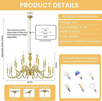 24 Light Gold Chandelier Large Farmhouse Chandeliers for High Ceiling Foyer, Extra Large Round Rustic Gold Chandelier 3-Tier for Living Room Dining Room Stairs Entry Restaurant Hotel -42.5 in
