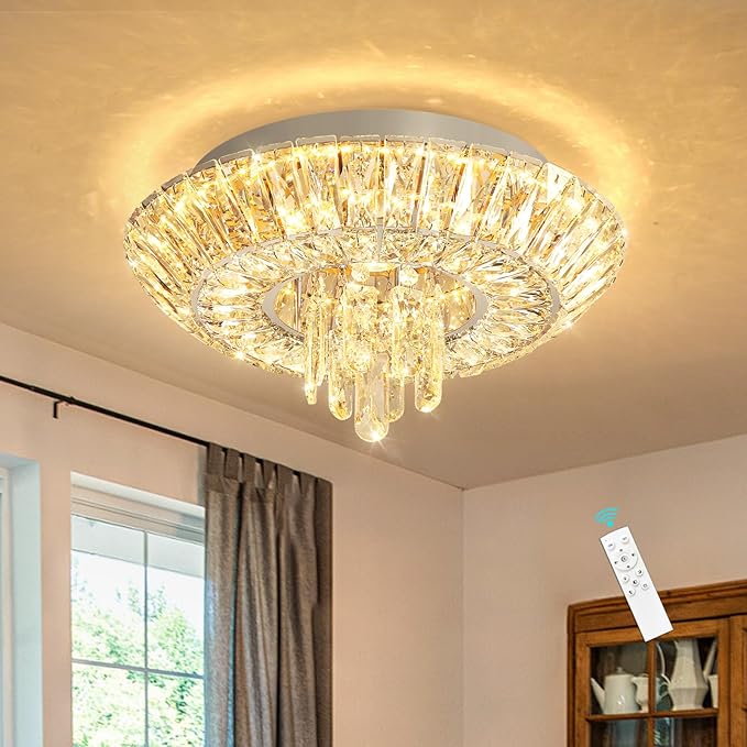 Crystal Chandelier 25W Modern Round Ceiling Light Fixture LED Raindrop Chandeliers Dimmable with Remote for Dining Room Living Room Entryway Hallway Bedroom Silver