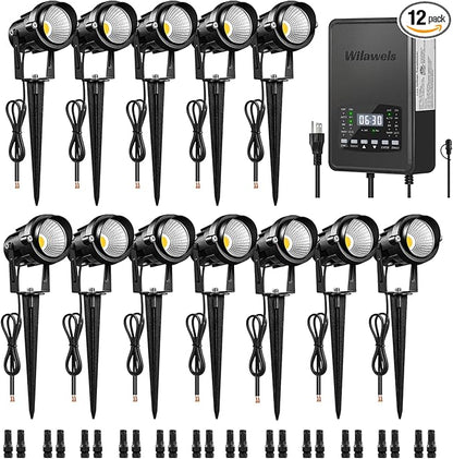 12 Pack Landscape Lights with 2 Zone 300W Low Voltage Transformer, 3000K 12V LED Landscape Lighting Kit, Waterproof Aluminum Landscape Spotlights with Connectors for Yard Tree Garden W01LK06