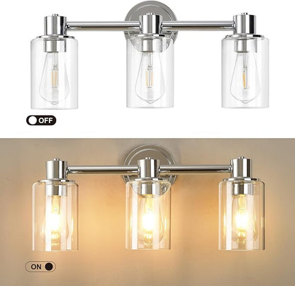 3 Light Bathroom Wall Light Fixtures Chrome Bathroom Wall Sconce with Clear Glass Lights Over Mirror Vanity Lights E26 Base